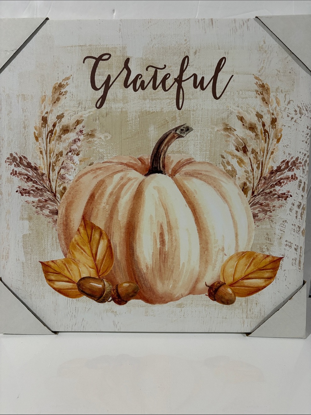 Grateful Pumpkin Wall Art - Cream and Brown Autumn Sign - Wall Decor - Fall